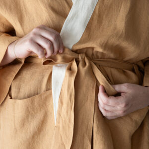 Linen Robe - Cosy Caramel with Whisper White Trim